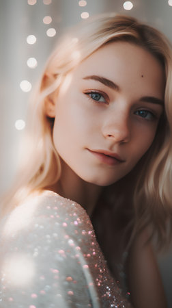 Portrait of a beautiful blonde girl in a shiny evening dress.の素材