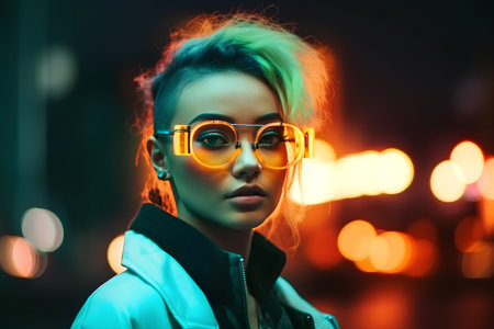 Fashion portrait of a beautiful young woman with green hair and sunglassesの素材