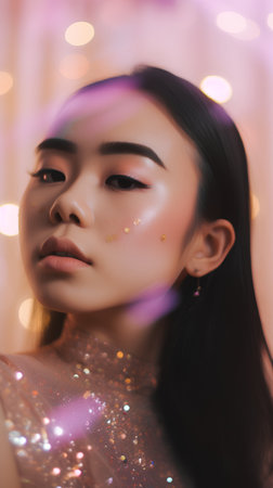 Portrait of a beautiful young asian woman with sparkles on her faceの素材