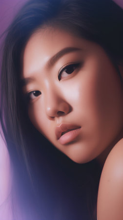 Portrait of a beautiful asian woman with makeup on violet backgroundの素材