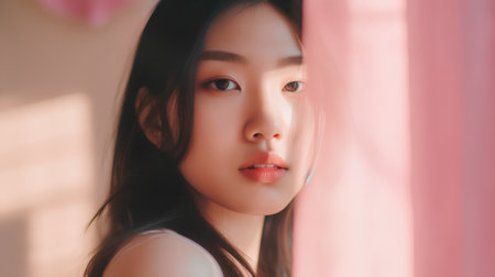 Portrait of beautiful asian woman looking at camera in the roomの素材