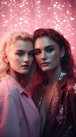 Fashion portrait of two beautiful girls with bright makeup and curly hair. Studio shot.の素材