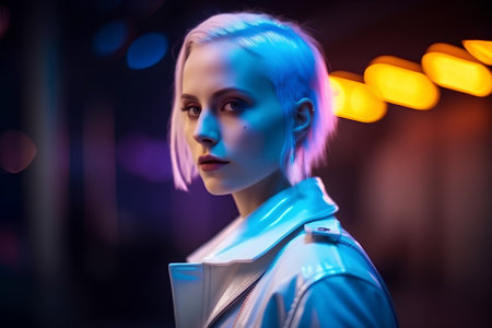 Futuristic girl in a neon light. 3d rendering.の素材