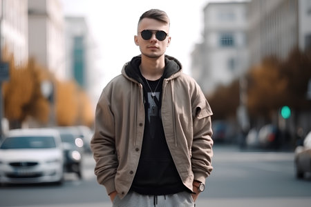 Handsome young man in the city, wearing a coat and sunglassesの素材