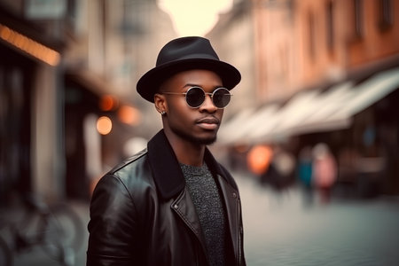 Portrait of a handsome african american man in a city street.の素材