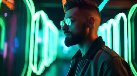 Portrait of a stylish young man with trendy hairstyle and sunglasses in a black hoodie in neon light.の素材