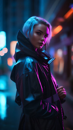 Fashion portrait of a beautiful girl in a black coat in the city at nightの素材