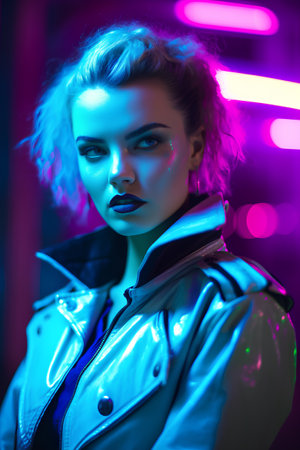 Fashion portrait of a beautiful girl with bright make-up in a neon light.の素材