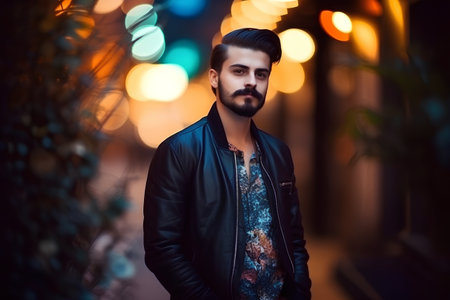 Portrait of a handsome young man in a leather jacket in the night city.の素材