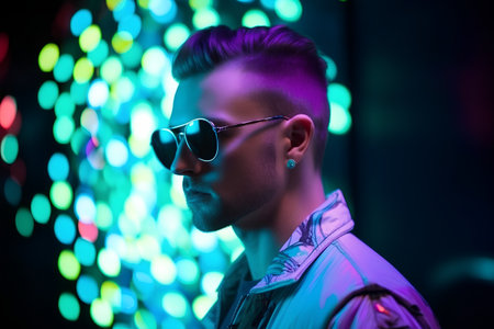 Portrait of young handsome man with trendy hairstyle and sunglasses.の素材