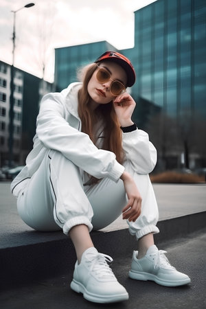 Fashion portrait of a beautiful young woman in a white coat and sunglassesの素材