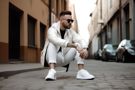 Fashionable young man in a white coat and sunglasses posing on the street.の素材