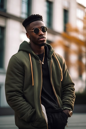 Handsome african american man in green coat and sunglassesの素材