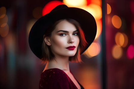 Portrait of a beautiful young woman with red lips and elegant hatの素材