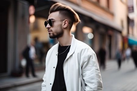 Handsome young man in a white jacket and sunglasses on the streetの素材