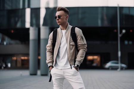 Attractive young man in casual clothes walking in the city. Men's beauty, fashion.の素材