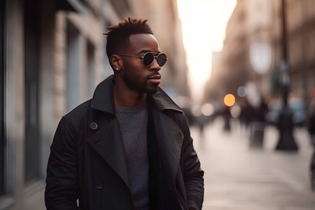 Handsome african american man in black coat and sunglasses on city streetの素材