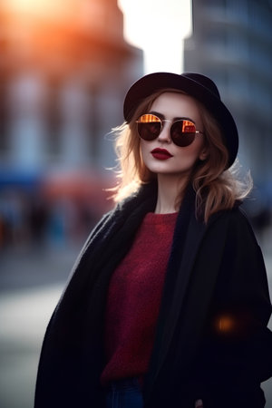 Fashion portrait of a beautiful young woman in a hat and sunglasses.の素材