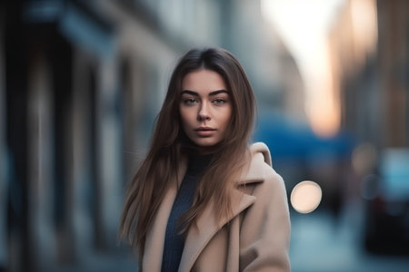 Portrait of beautiful young woman in beige coat on the streetの素材