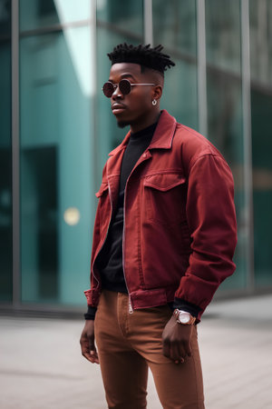 Stylish african american man in red jacket and sunglasses on streetの素材