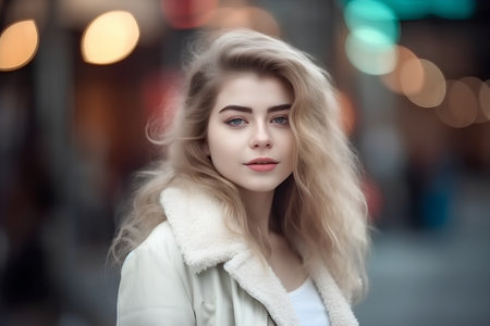 Portrait of beautiful young woman with long blond hair in the city.の素材