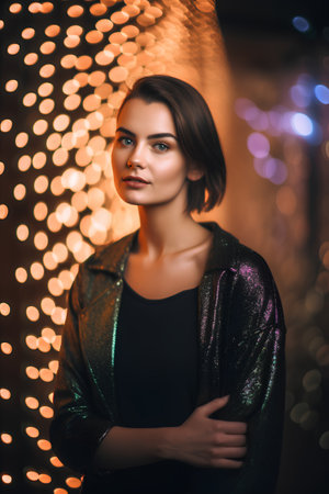 Portrait of a beautiful young woman in a shiny jacket on a bokeh backgroundの素材