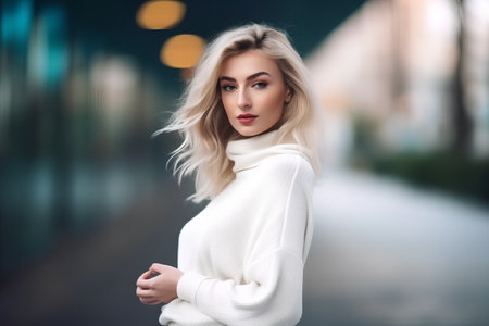 Portrait of a beautiful young blonde woman in a white sweater.の素材