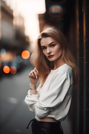 Fashion portrait of young beautiful woman in the city at sunset.の素材