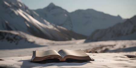 Open book on snow with mountains in background. Shallow depth of fieldの素材