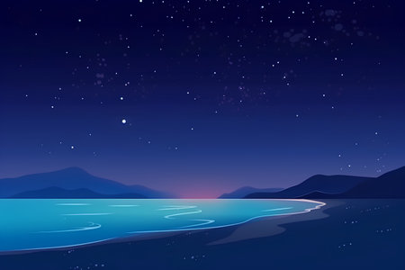 Beautiful night landscape with sea and starry sky, vector illustrationの素材