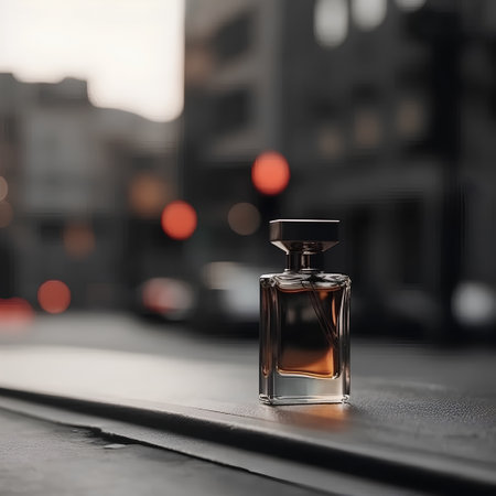 perfume bottle on the city street at sunset, shallow depth of fieldの素材