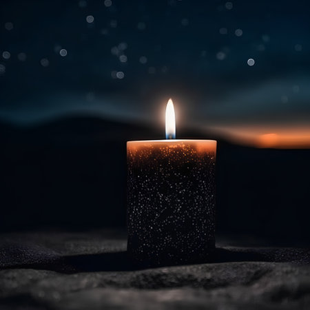 Burning candle on a black background with bokeh and starsの素材