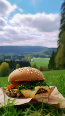 hamburger on green grass with mountains in the background, selective focusの素材