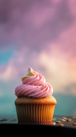 Cupcake with pink cream on a background of blue sky.の素材