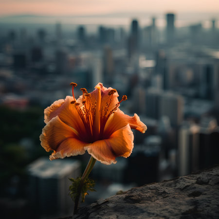 Hibiscus flower on the background of the city at sunsetの素材