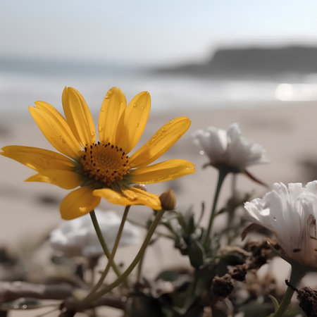Yellow daisy flower on the beach with ocean in the background.の素材