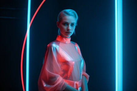 beautiful young woman in futuristic costume with neon light on dark backgroundの素材