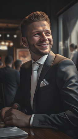 Handsome young man in suit is smiling and looking at camera while sitting in cafeの素材