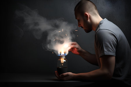 Young man lighting a burning incandescent lamp on a dark backgroundの素材