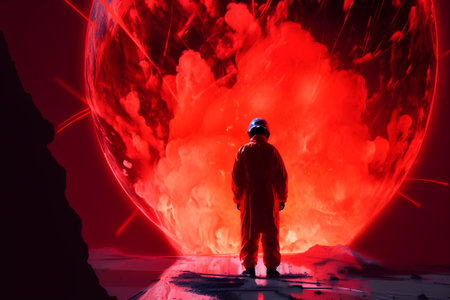 Man in space suit standing in front of big planet. 3D renderingの素材