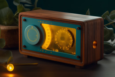 Retro radio with a yellow dial. 3d illustration. Vintage style.の素材