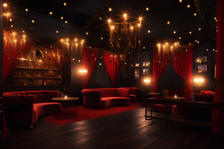 Interior of a modern bar with red leather armchairs and tables. 3D renderingの素材