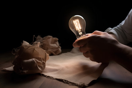 A man's hand holds a glowing light bulb on a table with crumpled paper. The concept of creativity and innovationの素材