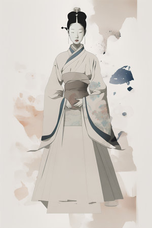Illustration of a Japanese geisha with a kimono.の素材
