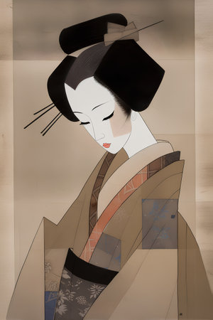 Japanese geisha in traditional kimono on old paper background.の素材