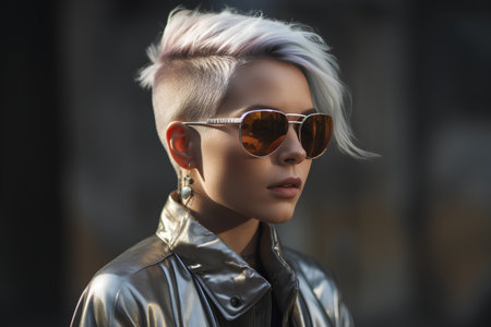 Fashion portrait of young beautiful woman with short blonde hair and sunglassesの素材