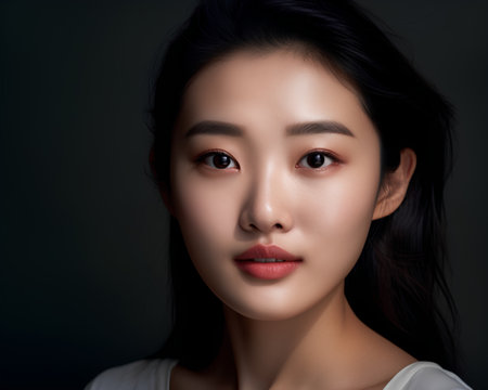 Beautiful asian woman face with clean fresh skin. Facial treatment, cosmetology, beauty and spa. Asian women portraitの素材