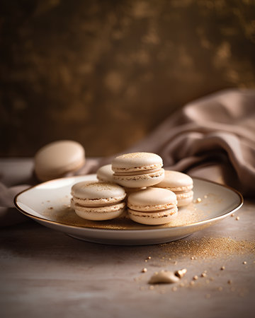 French macarons on a golden background. Selective focus.の素材