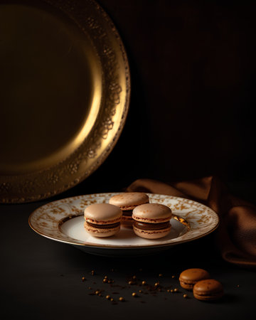French macarons on a vintage plate on a dark background.の素材