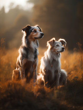 Two Australian Shepherd dogs sitting in a meadow in the sunset lightの素材